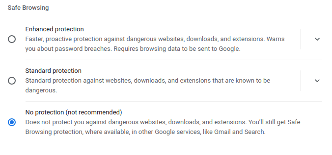 Google Chrome Safe Browsing Settings menu.